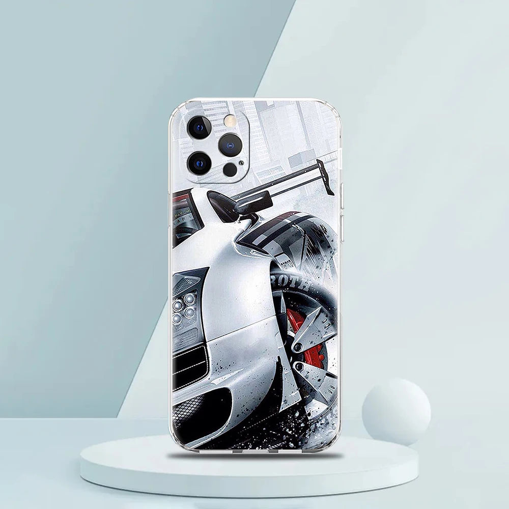 Soft TPU Transparent Phone Case Cover for iPhone 16 15 14 13 12 11 Pro Max XR 8 7 Plus Shockproof Shell Sports Car Drift Pattern