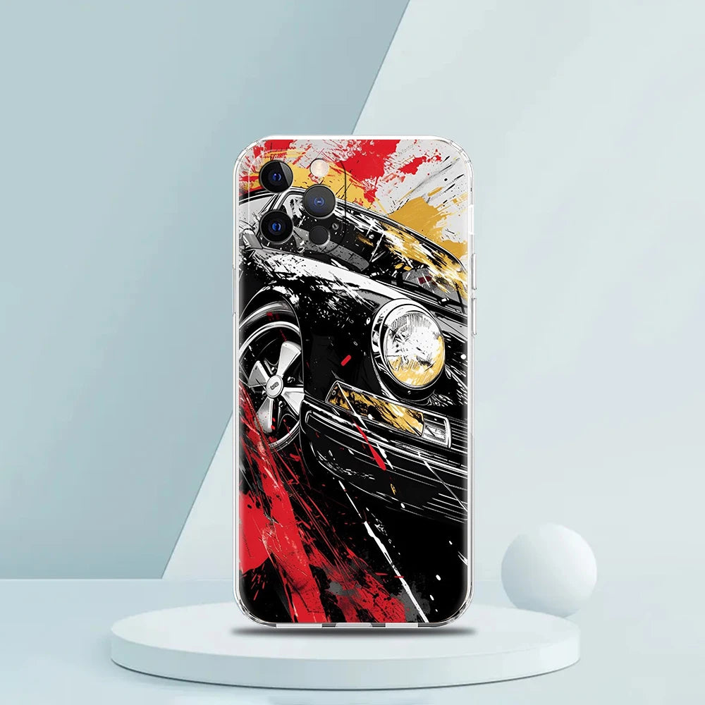 Soft TPU Transparent Phone Case Cover for iPhone 16 15 14 13 12 11 Pro Max XR 8 7 Plus Shockproof Shell Sports Car Drift Pattern