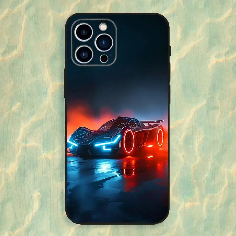 Cyberpunk Cool Sports Car Phone Case For iPhone 16,15,14,13,12,11 Plus,Pro Max,XS,X,XR,SE,Mini,8,7,Soft Silicone Black Cover