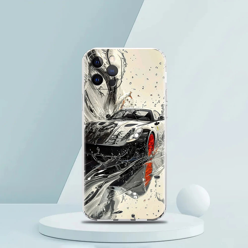 Soft TPU Transparent Phone Case Cover for iPhone 16 15 14 13 12 11 Pro Max XR 8 7 Plus Shockproof Shell Sports Car Drift Pattern