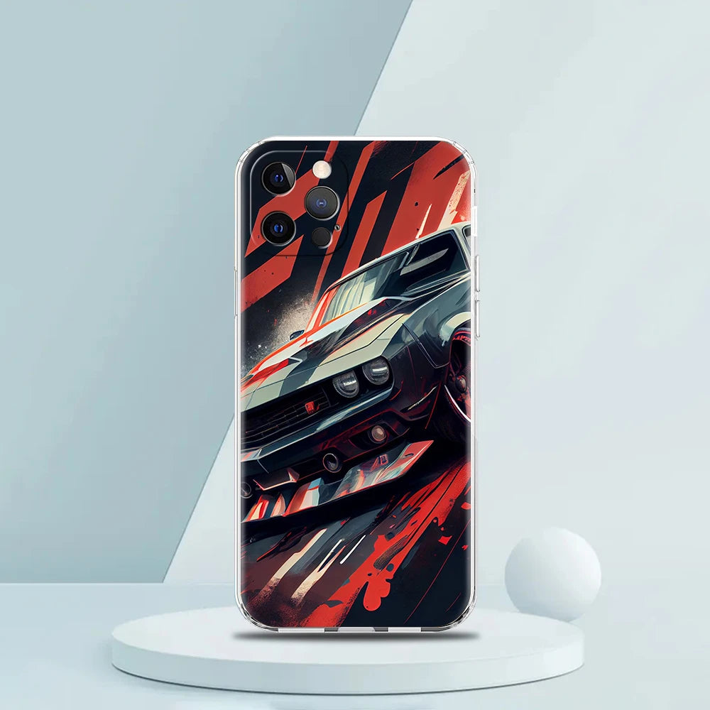 Soft TPU Transparent Phone Case Cover for iPhone 16 15 14 13 12 11 Pro Max XR 8 7 Plus Shockproof Shell Sports Car Drift Pattern
