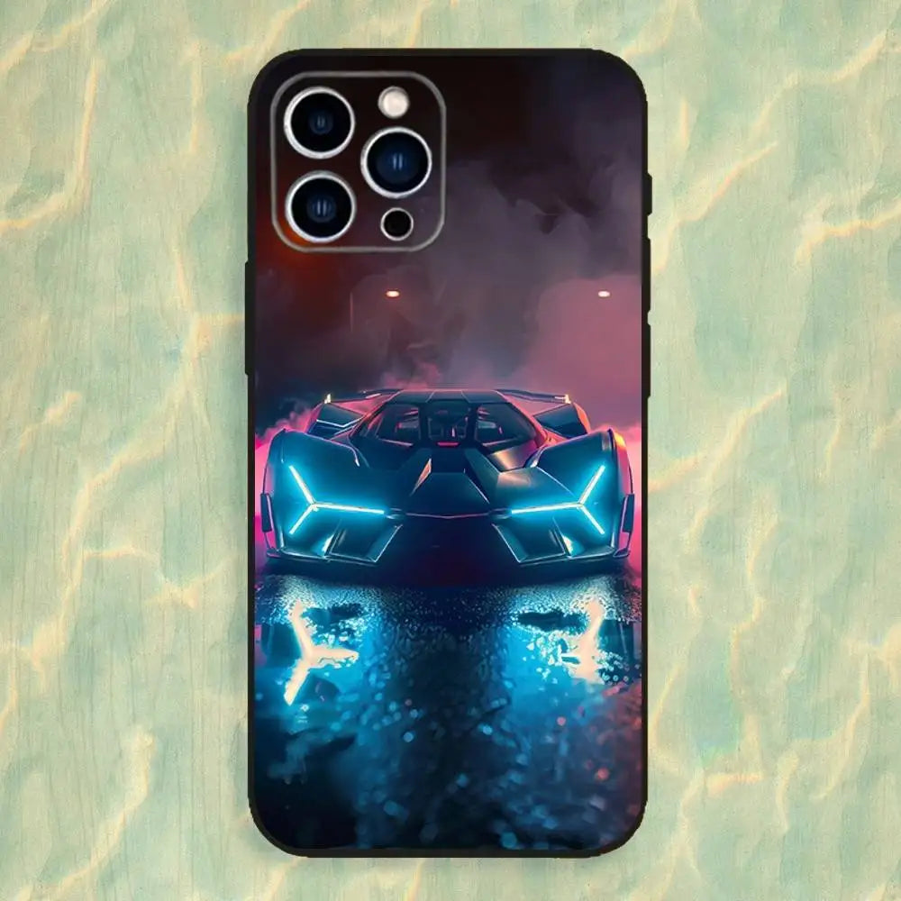 Cyberpunk Cool Sports Car Phone Case For iPhone 16,15,14,13,12,11 Plus,Pro Max,XS,X,XR,SE,Mini,8,7,Soft Silicone Black Cover