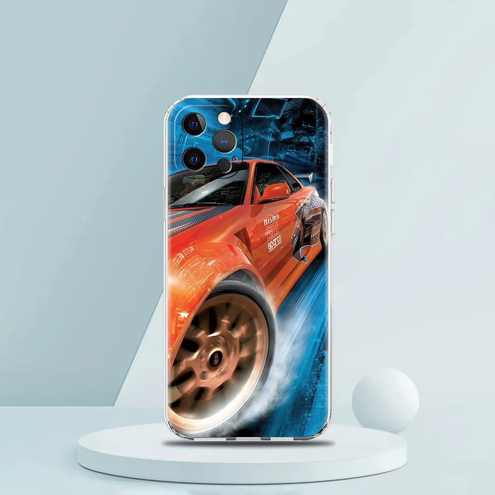 Soft TPU Transparent Phone Case Cover for iPhone 16 15 14 13 12 11 Pro Max XR 8 7 Plus Shockproof Shell Sports Car Drift Pattern