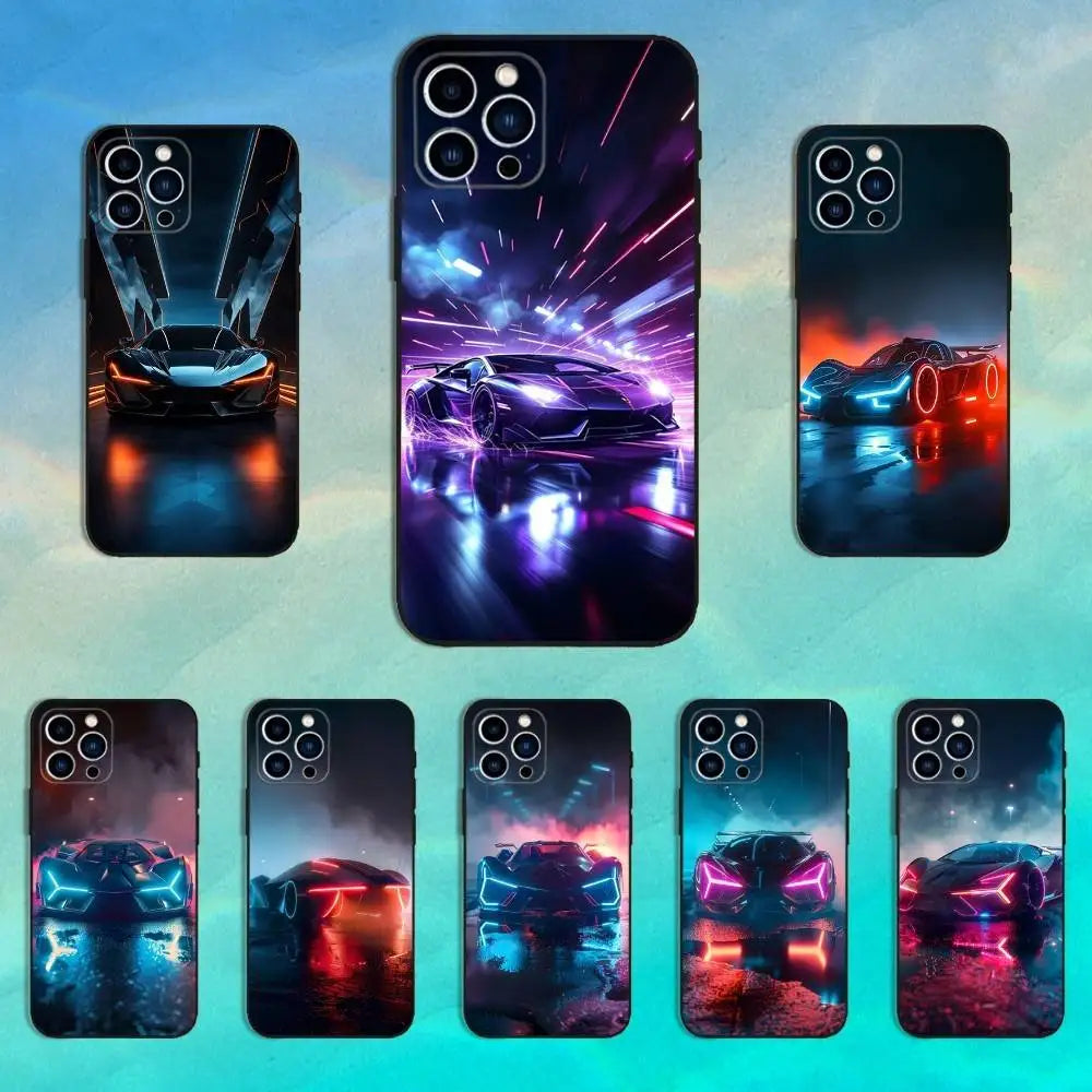 Cyberpunk Cool Sports Car Phone Case For iPhone 16,15,14,13,12,11 Plus,Pro Max,XS,X,XR,SE,Mini,8,7,Soft Silicone Black Cover