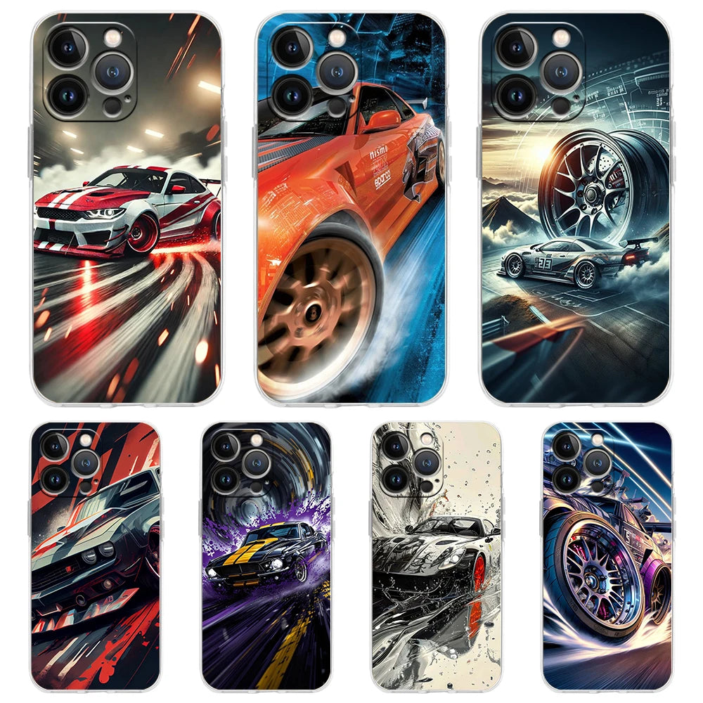 Soft TPU Transparent Phone Case Cover for iPhone 16 15 14 13 12 11 Pro Max XR 8 7 Plus Shockproof Shell Sports Car Drift Pattern