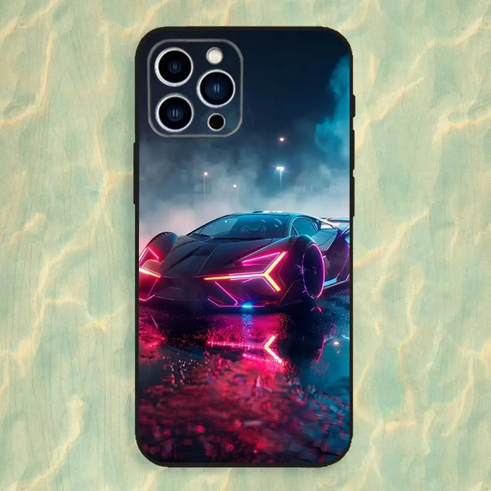 Cyberpunk Cool Sports Car Phone Case For iPhone 16,15,14,13,12,11 Plus,Pro Max,XS,X,XR,SE,Mini,8,7,Soft Silicone Black Cover