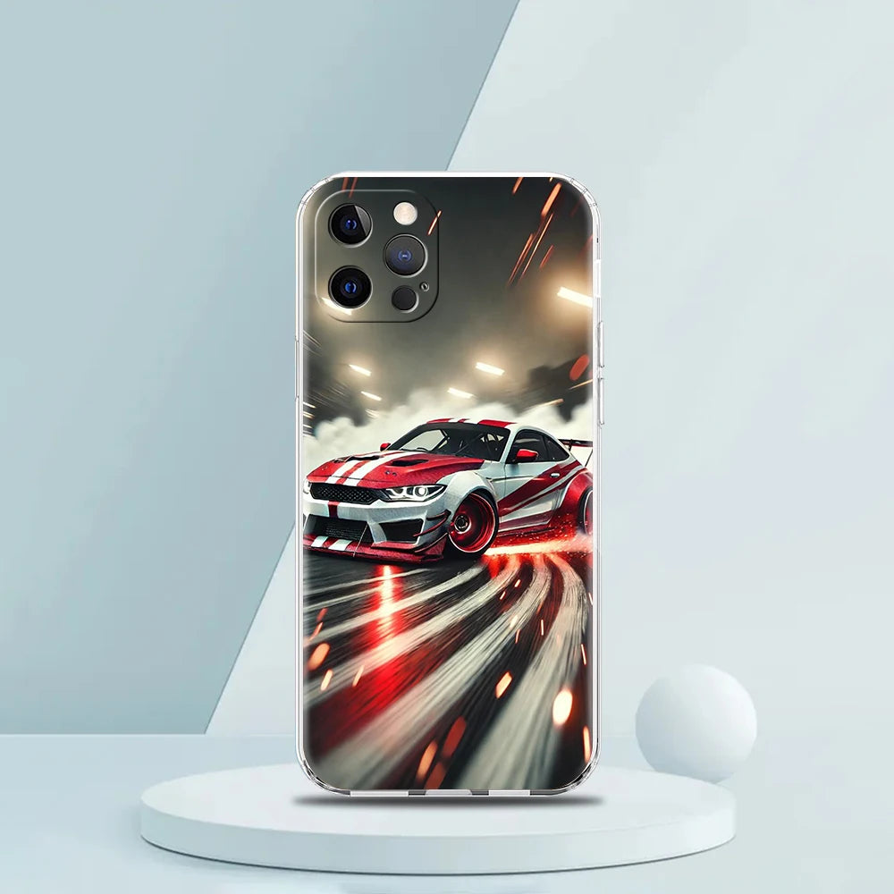 Soft TPU Transparent Phone Case Cover for iPhone 16 15 14 13 12 11 Pro Max XR 8 7 Plus Shockproof Shell Sports Car Drift Pattern