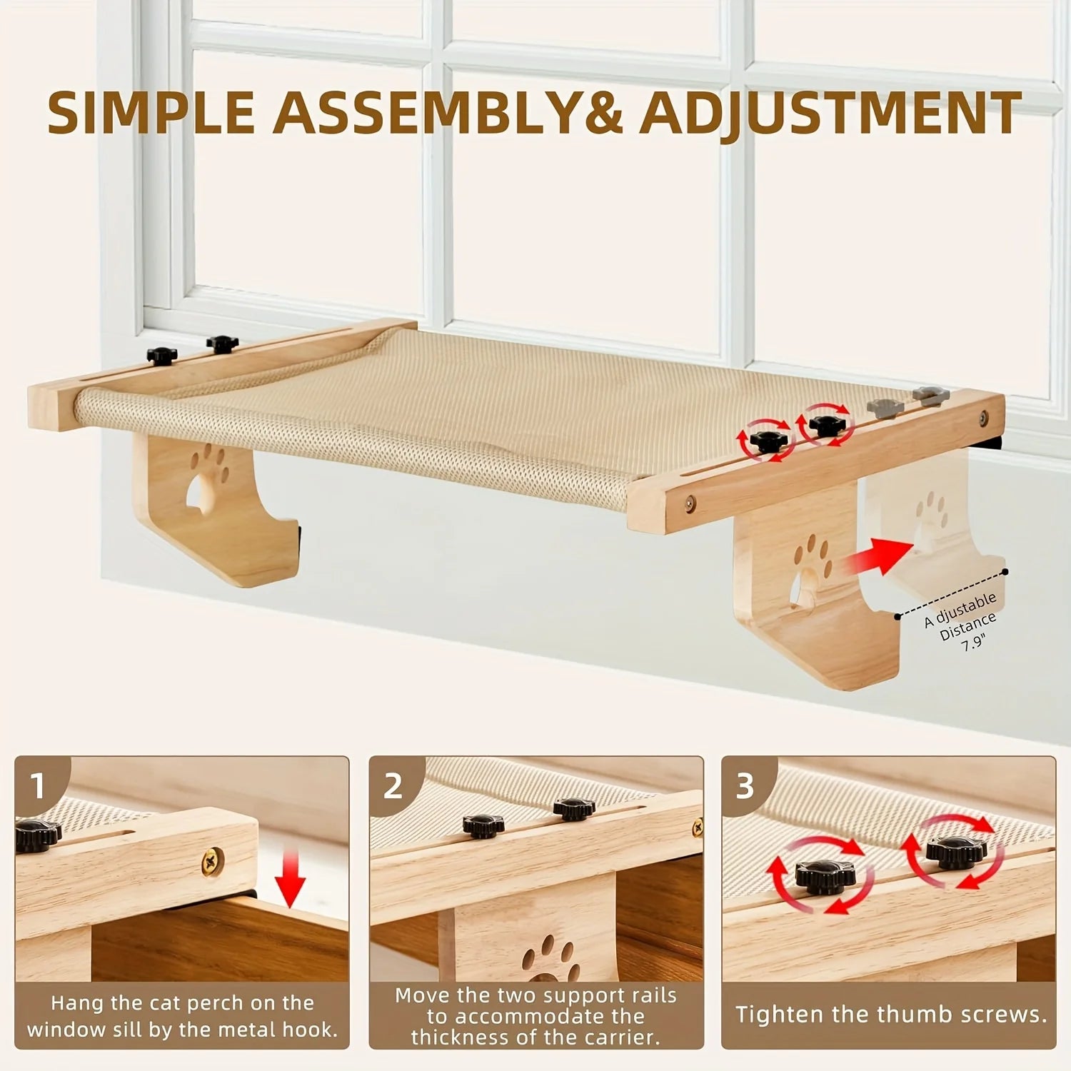 Cat Window Sill, Cat Window Hammock, Suitable for Indoor Cats, Wooden and Metal Frame, Easy to Adjust Window Sill, Bedside