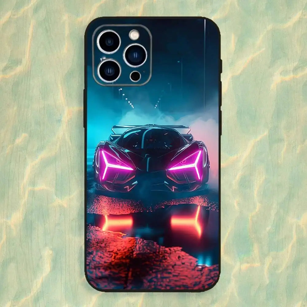 Cyberpunk Cool Sports Car Phone Case For iPhone 16,15,14,13,12,11 Plus,Pro Max,XS,X,XR,SE,Mini,8,7,Soft Silicone Black Cover