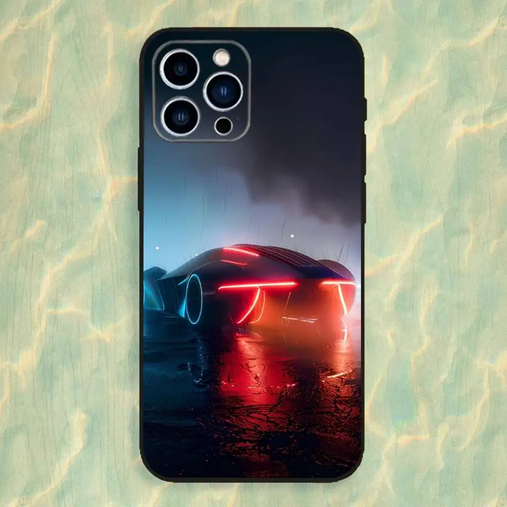 Cyberpunk Cool Sports Car Phone Case For iPhone 16,15,14,13,12,11 Plus,Pro Max,XS,X,XR,SE,Mini,8,7,Soft Silicone Black Cover