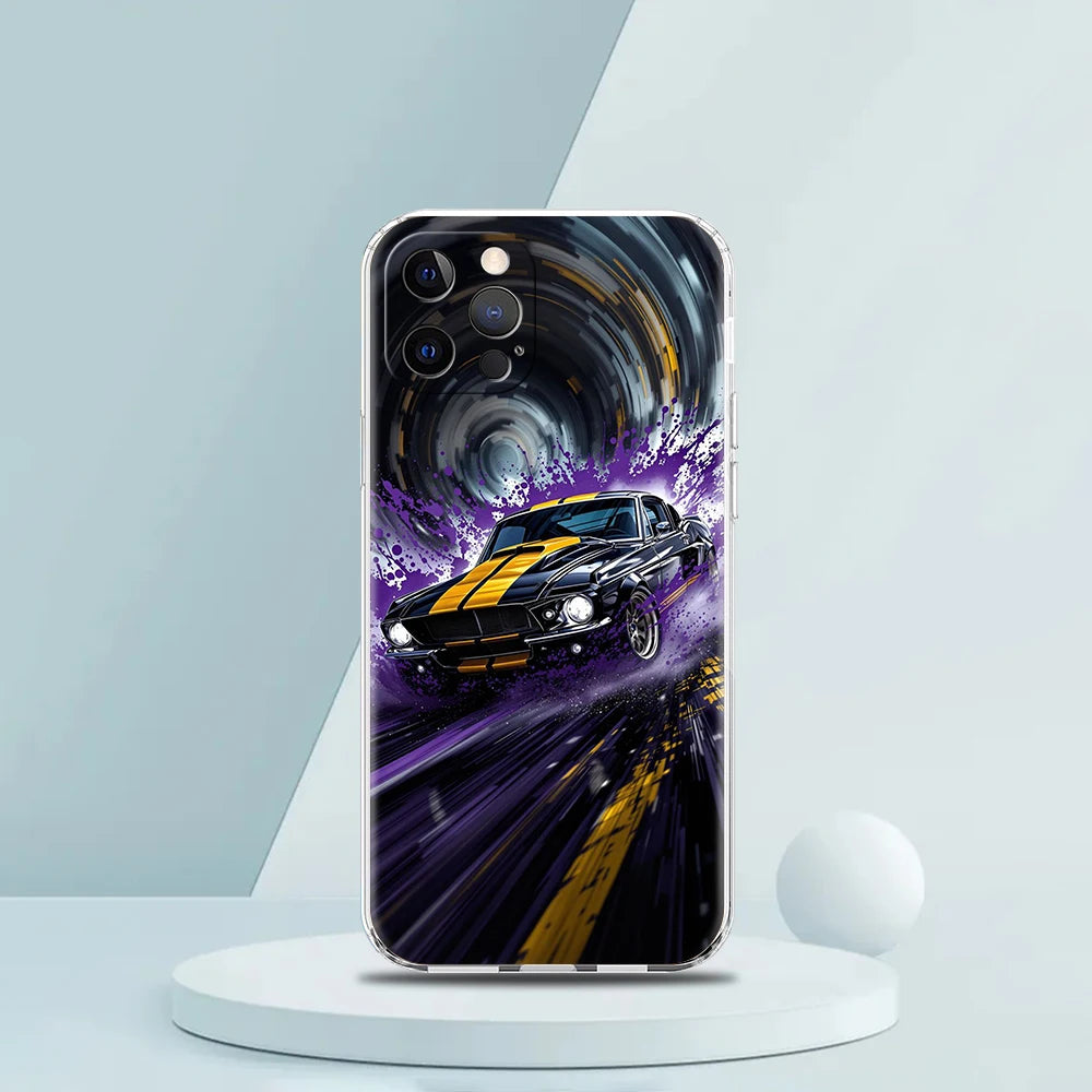 Soft TPU Transparent Phone Case Cover for iPhone 16 15 14 13 12 11 Pro Max XR 8 7 Plus Shockproof Shell Sports Car Drift Pattern