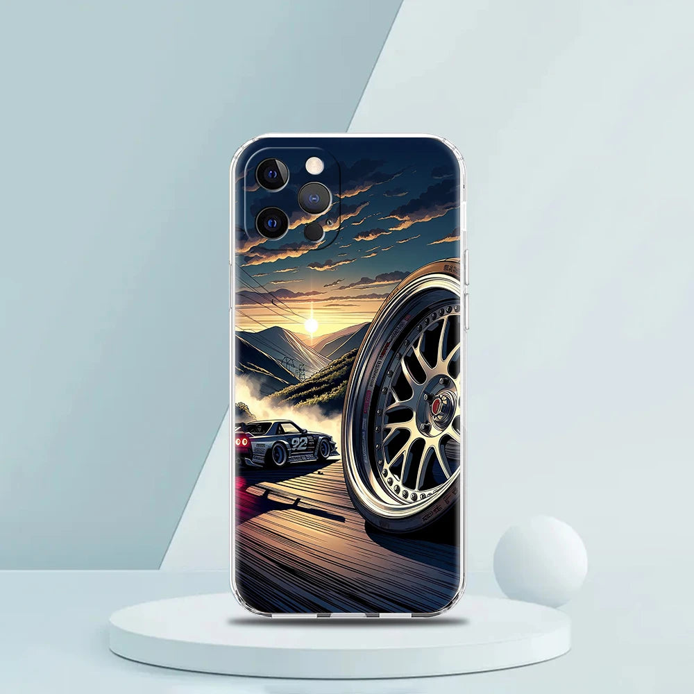 Soft TPU Transparent Phone Case Cover for iPhone 16 15 14 13 12 11 Pro Max XR 8 7 Plus Shockproof Shell Sports Car Drift Pattern