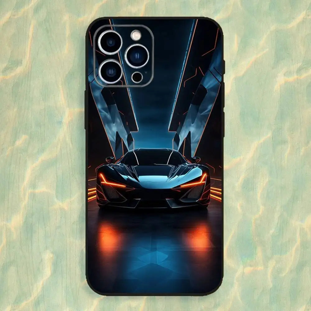 Cyberpunk Cool Sports Car Phone Case For iPhone 16,15,14,13,12,11 Plus,Pro Max,XS,X,XR,SE,Mini,8,7,Soft Silicone Black Cover