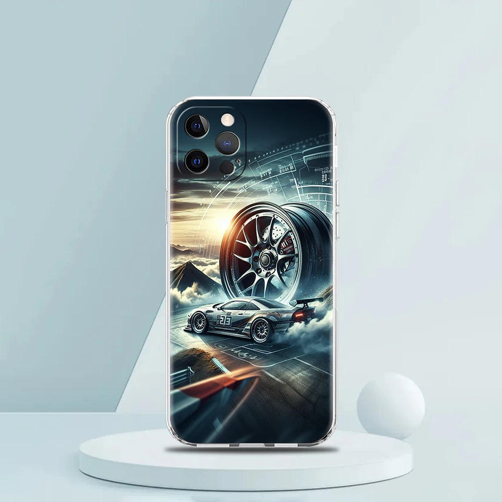 Soft TPU Transparent Phone Case Cover for iPhone 16 15 14 13 12 11 Pro Max XR 8 7 Plus Shockproof Shell Sports Car Drift Pattern