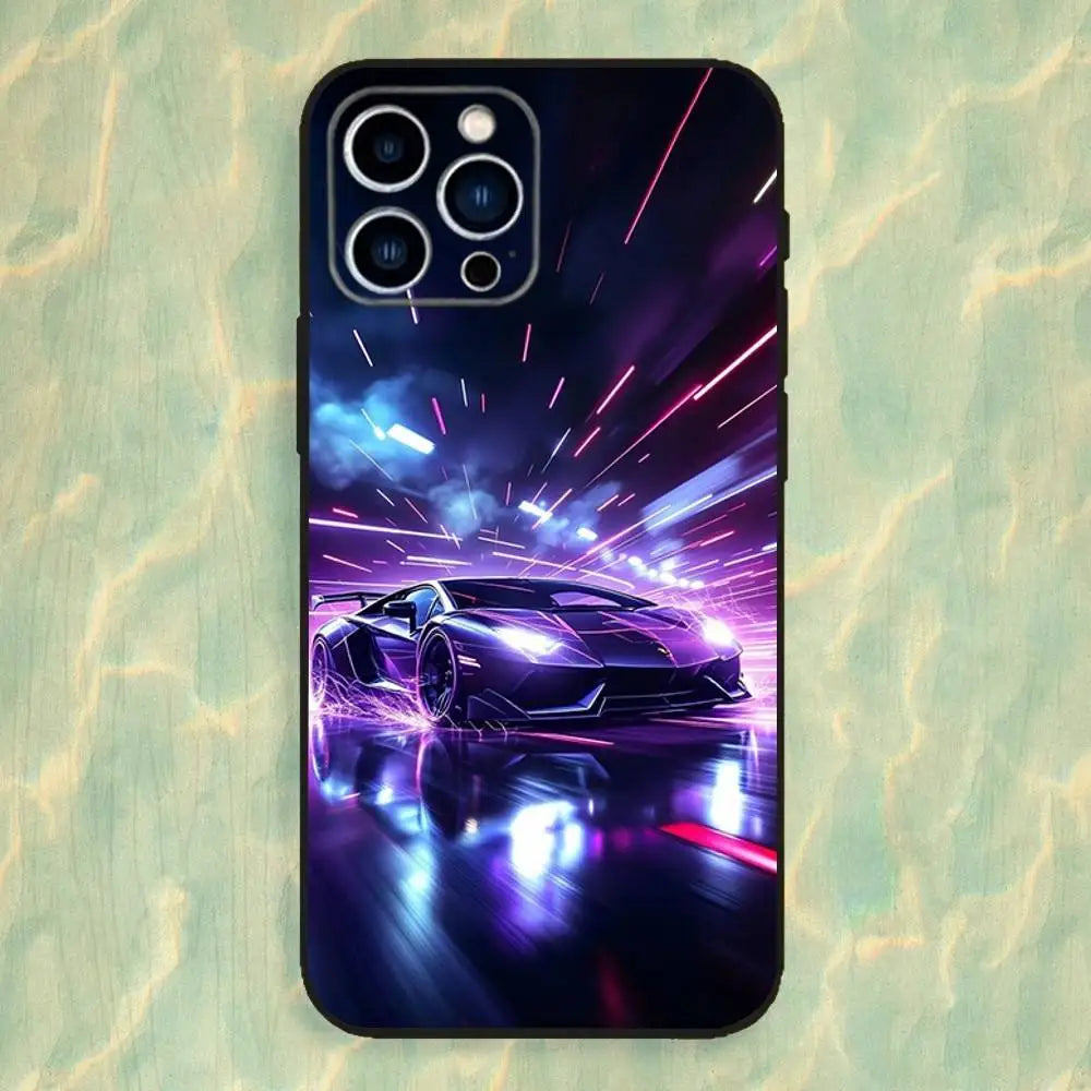 Cyberpunk Cool Sports Car Phone Case For iPhone 16,15,14,13,12,11 Plus,Pro Max,XS,X,XR,SE,Mini,8,7,Soft Silicone Black Cover