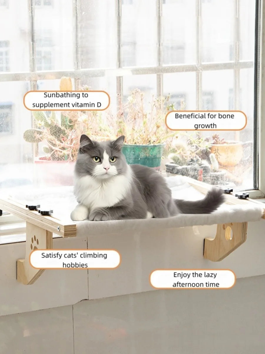 Cat Window Sill, Cat Window Hammock, Suitable for Indoor Cats, Wooden and Metal Frame, Easy to Adjust Window Sill, Bedside
