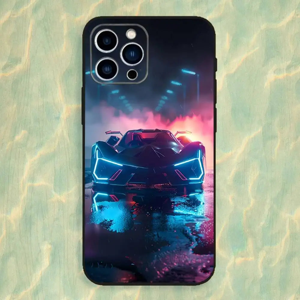 Cyberpunk Cool Sports Car Phone Case For iPhone 16,15,14,13,12,11 Plus,Pro Max,XS,X,XR,SE,Mini,8,7,Soft Silicone Black Cover